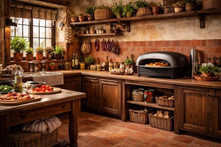 transformez votre cuisine en une authentique trattoria italienne avec un four à pizza ooni et du carrelage terracotta pour une ambiance chaleureuse et conviviale.