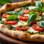 découvrez notre pizza vegan créative avec une "bufala" végétale et un pesto savoureux, alliant fraîcheur et gourmandise pour une expérience culinaire 100% végétale.